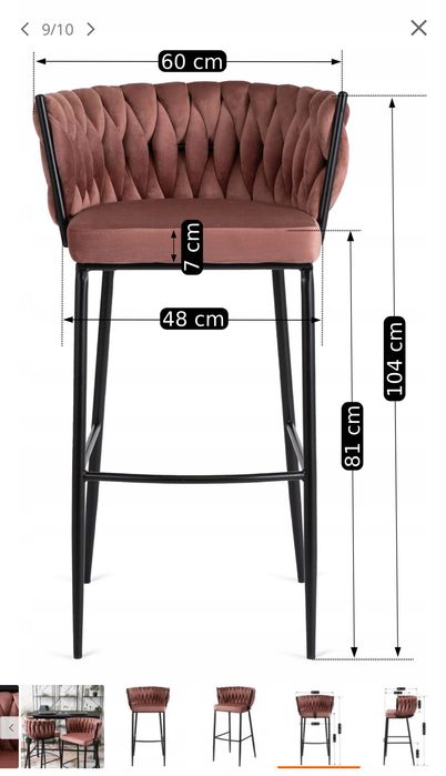 Hoker Loft Różowy Welurowy Barowy Z Oparciem