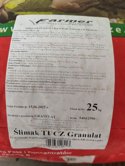 Pasza dla ślimaków TUCZ Granulat Farmer 25kg