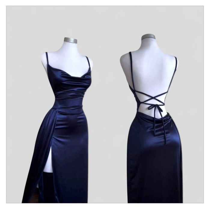 Satynowa suknia wieczorowa maxi glamour bez pleców rozcięcie na nodze