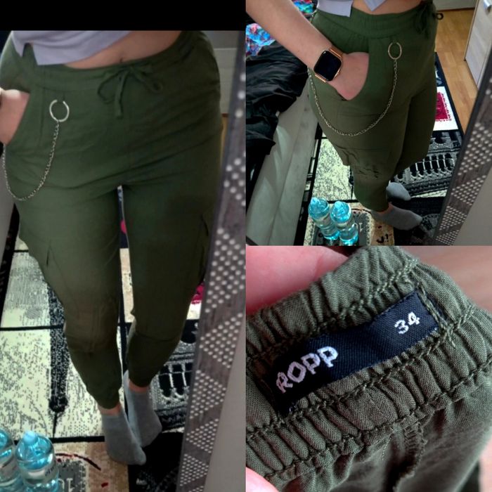 Khaki ciemnozielone joggery damskie bojówki materiałowe