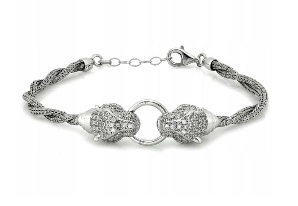 Srebrna bransoletka GRUBY SZNUR GŁOWY PANTERY srebro p.925 21,5 cm