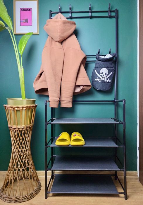 Nowy metalowy wieszak stojący loft do przedpokoju z półkami
