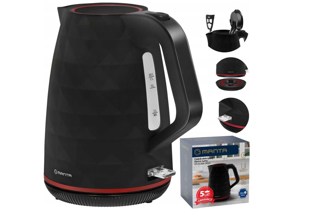 CZAJNIK elektryczny bezprzewodowy DO HERBATY KAWY czarny CICHY 2200W