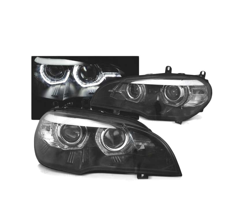 FARÓIS XENON BMW X5 E70 07-10 ANGEL EYES 3D AFS PRETO