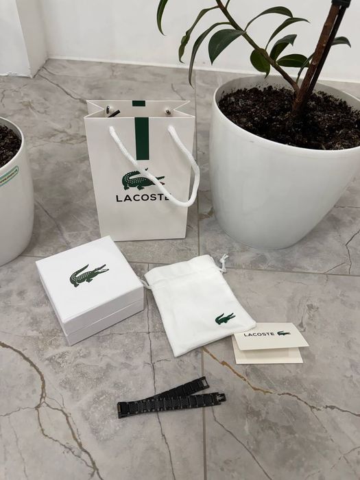 Чоловічий браслет Lacoste чорний/срібний з гравіюванням