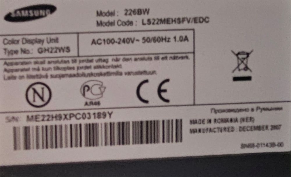 Monitor LCD Samsung Syncmaster 226BW 22 " 1680 x 1050 px TN