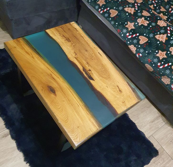 Stół z żywicy epoksydowej, 70x50x45, turkus dąb