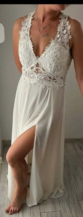 Suknia Ślubna Wieczorowa BIAŁA Koronka Plecy X Rozcięcie Syrena S 36 Wesele Poprawiny