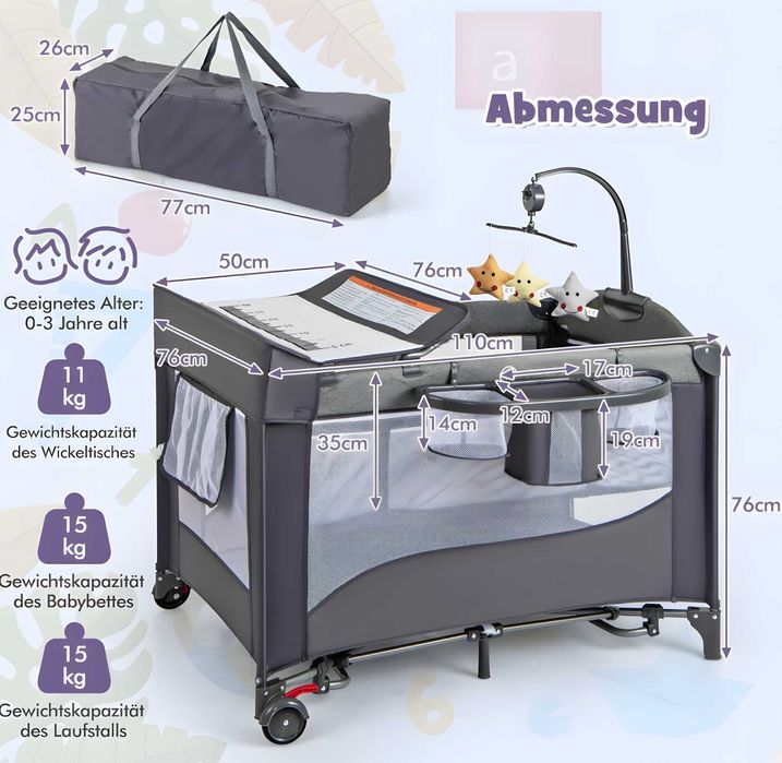 Łóżeczko turystyczne Costway Park z materacem – szary, 76x110 cm