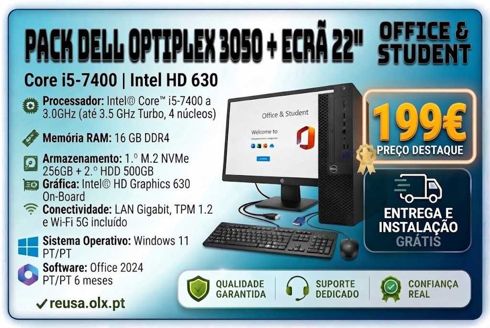 Pack DELL Optiplex 3050 + Ecrã 22" | i5 7.ªGen | 16GB RAM | NVMe 256G + HDD 500G | WiFi | W11