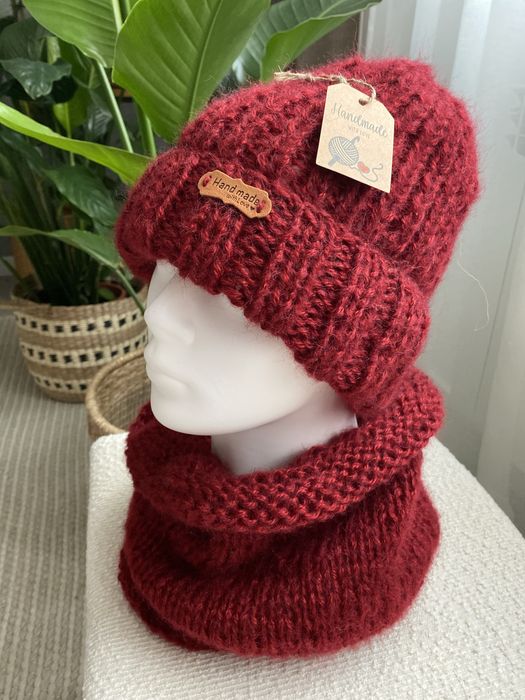 Czapka plus komin burgund welna handmade