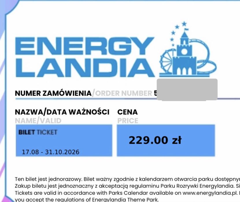 Bilet normalny energylandia 1 dniowy od 140 cm