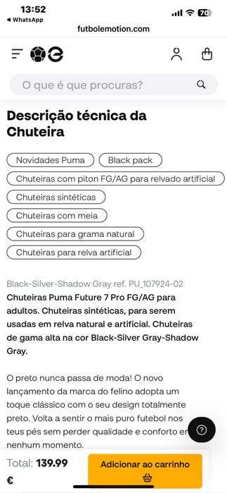 Chuteiras de futebol Puma Future 7 N.39, novas