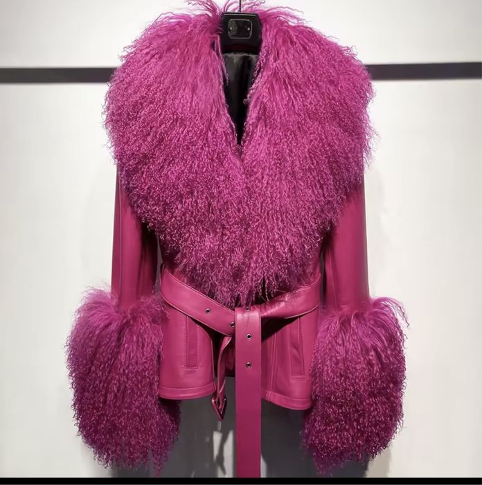 Kontantto kurtka skora naturalna ramoneska roz futro z lamy xs-6xl