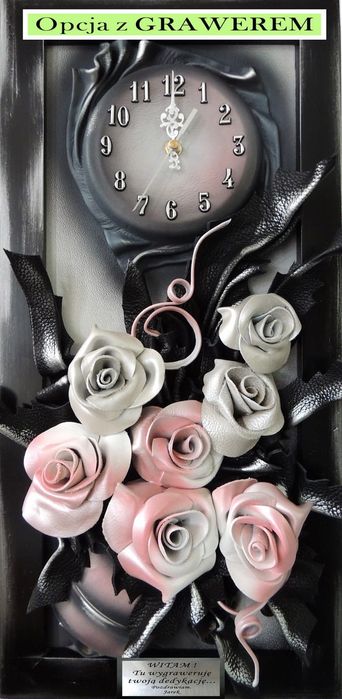 Obraz z różowymi różami + zegar w czarnej ramie + DEDYKACJA