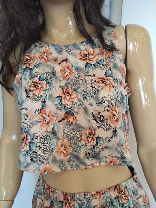 Komplet damski M crop top + spódnica midi kwiaty elastyczny letni boho