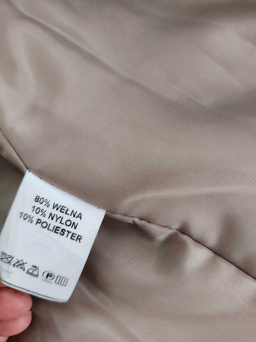 Wełniany damski płaszcz, klasyczny z kapturem, szary, M/L