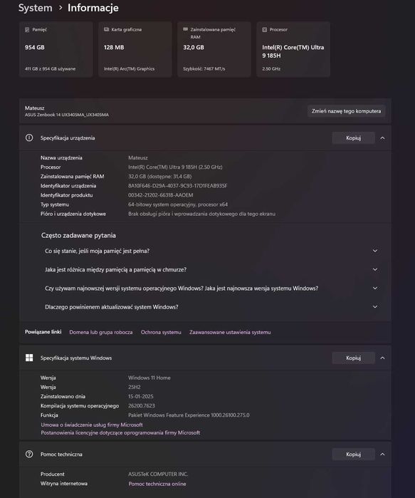 PIEKNY !! Laptop Asus ZenBook i9 32 GB RAM 1TB