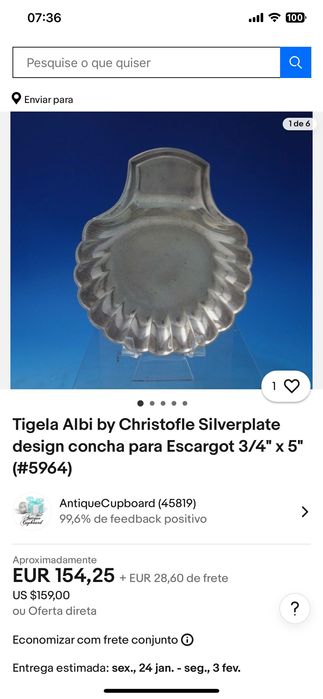 Concha Vieira de Escargots Caracóis Prata Christofle Brasão 13,2 cm