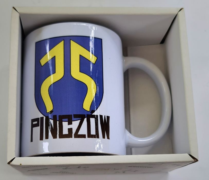 Kubek ceramiczny 330 ml herb Pińczów w ozdobnym pudełku prezentow NOWY