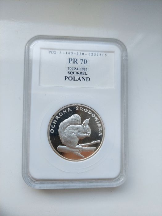 500 zł Wiewiórka 1985 Ochrona środowiska srebro PRL PR70 max nota