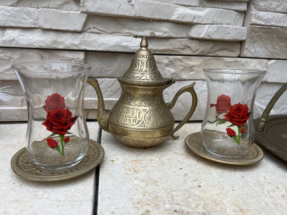 Stary mosiężny arabski zestaw do herbaty czajnik taca z mosiądzu