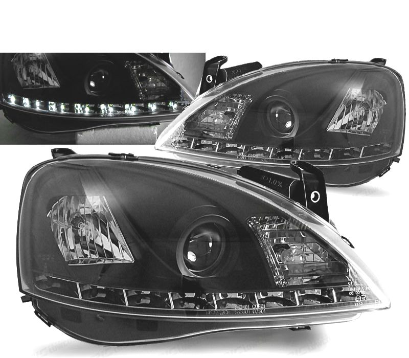 CONJUNTOS DE FARÓIS PARA OPEL CORSA C 00-06 LED DAYLIGHT PRETOS