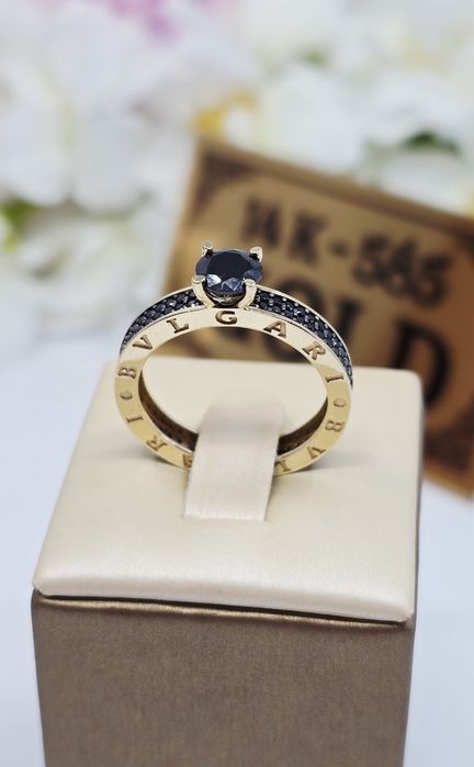 Złoty pierścionek czarna cyrkonia próba 585 14k