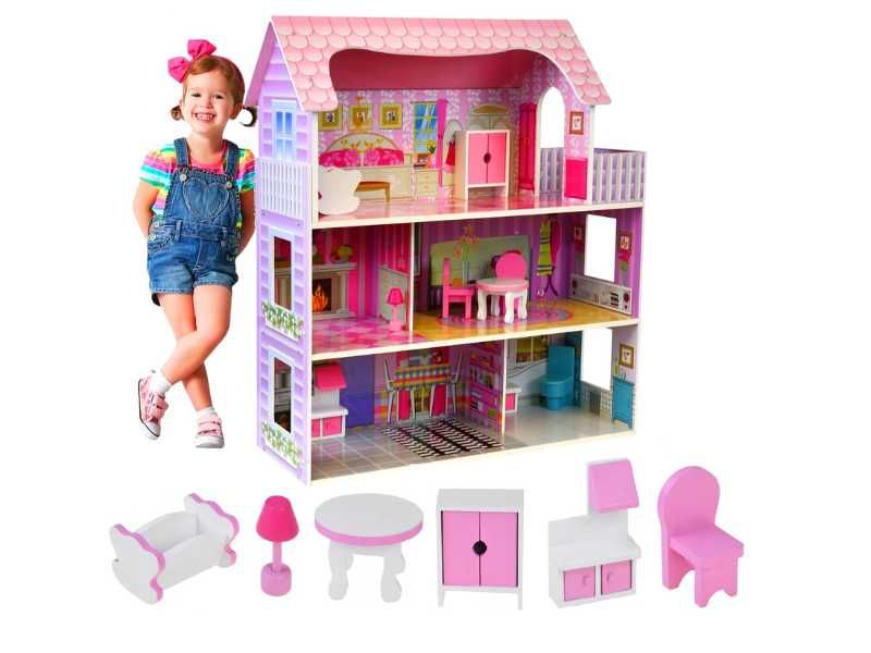 Duży drewniany domek dla lalek barbie willa led z akcesoriami prezent