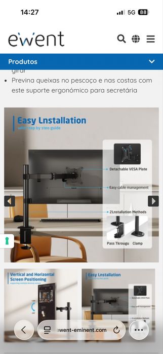 Suporte EWENT EW1510 para mesa de monitor, 1 monitor de até 34", VESA