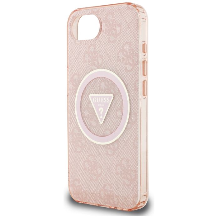 Etui Guess IML Metal Glitter 4G Triangle MagSafe do iPhone 16e różowy