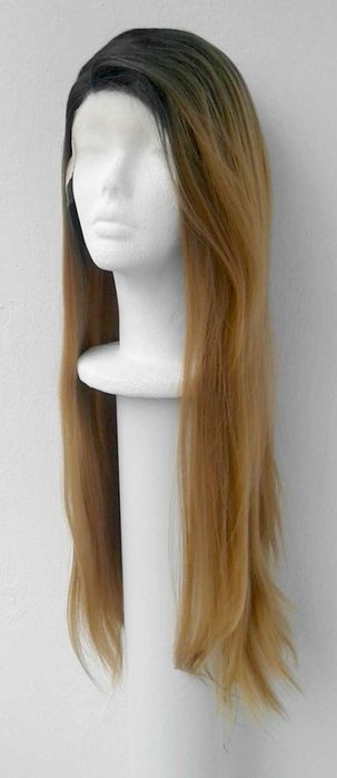 Lace Front blond złota peruka z odrostem ombre prosta długa złoty wig