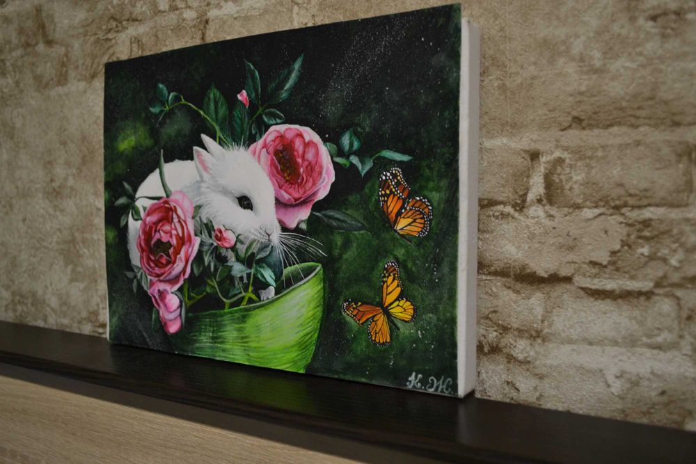 Картина акварель, милий кролик з трояндами