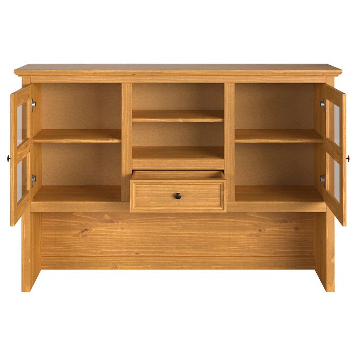 Drewniana nastawka na komodę – klasyczna witryna z półkami