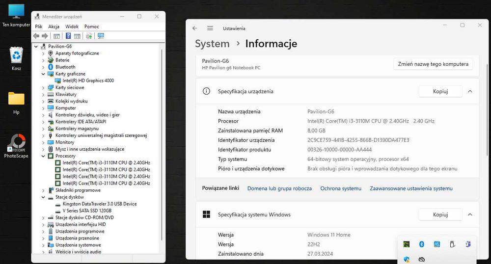 Laptop HP - 15"/WIN11 /ssd-180gb/ram-8gb/cpu-i3-2,4ghz/bateria 2h