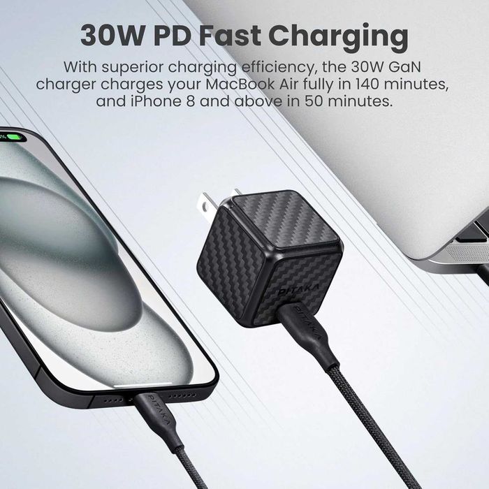PITAKA зарядка 30w GAN + Кабель Flex Braided 60W USB-C to USB-C 1.26м