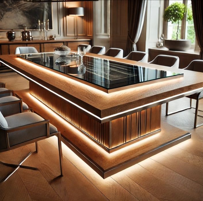 Stół drewniany dębowy jesionu szklany podświetlany Led krawędź