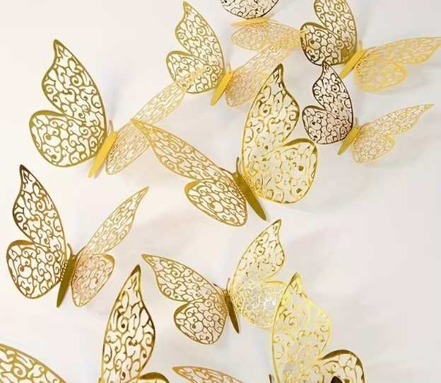 Mieniące Motyle 3D Naklejki Złote Orientalne 12 szt Skrzydła zawijas