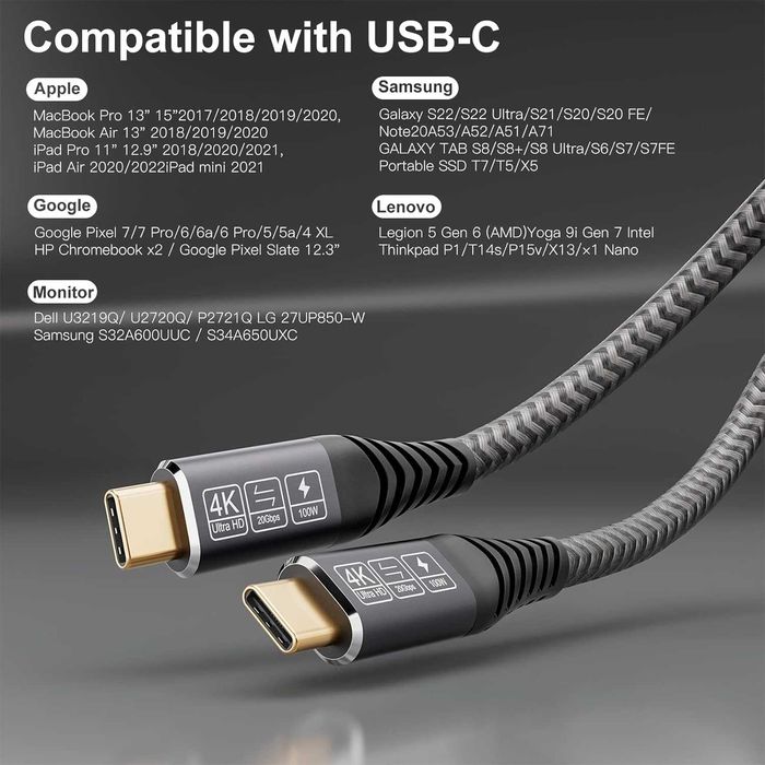 CAKOBLE USB C 5 m, USB C 3.2 Gen2, 20Gb/s, 100W, 20 V/5A, C, 4K 60Hz