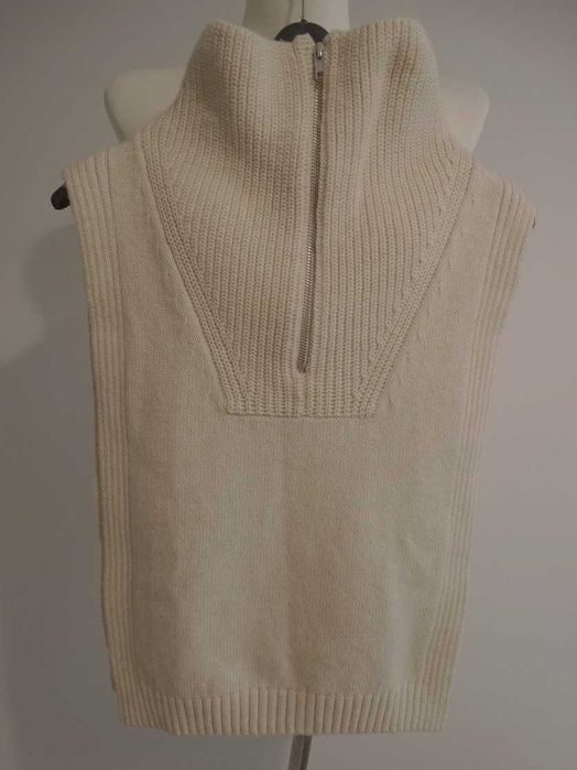 Golf Ponczo Kremowy Sweter bez Rękawów i Boków Kamizelka z Wełną Szal