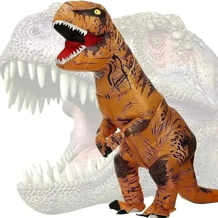 Dinozaur T-Rex. Nadmuchiwany, brązowy kostium.