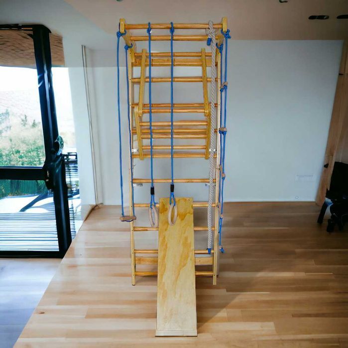 Drabinka gimnastyczna domowa 220cm zestaw XXL huśtawka lina kółka drążek zjeżdżalnia dla dzieci i dorosłych trening fitness rehabilitacja do domu PRO