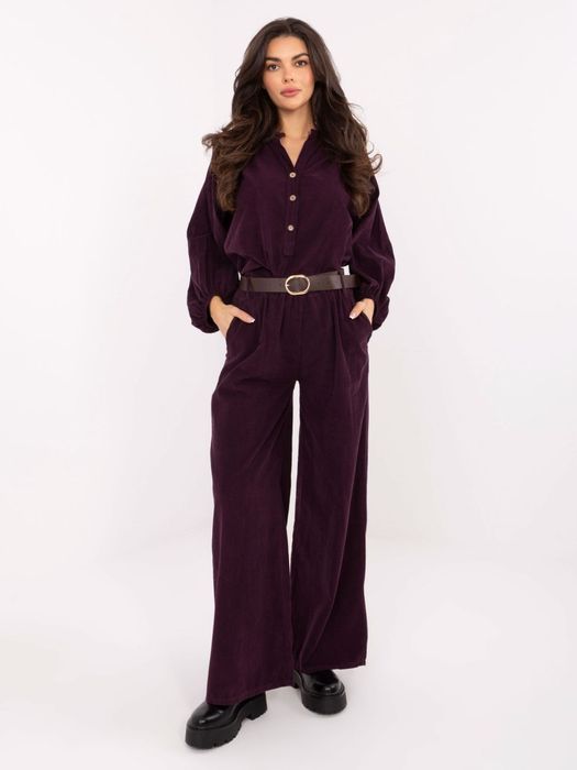 Ciemnofioletowe sztruksowe spodnie ITALY MODA – szerokie nogawki