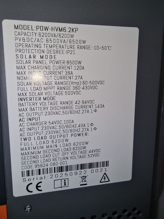 ПАРАЛЕЛЬНЕ ПІДКЛЮЧ. Сонячний гібридний інвертор PowMr 6.2Kw 48V