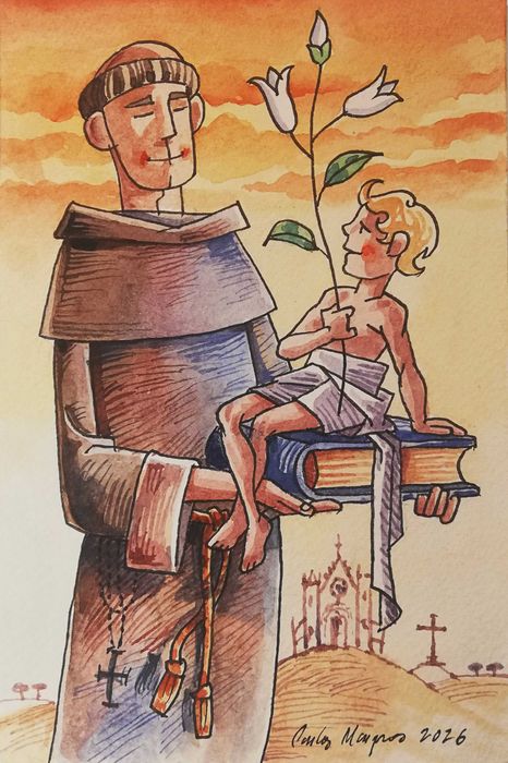 Aguarela. Santo António. Original de Carlos Marques