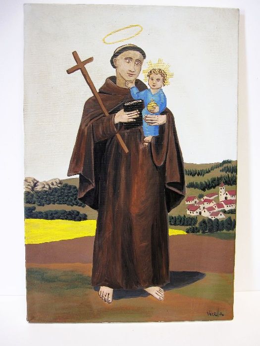 Santo António com o menino Jesus-Pintura em guache sobre tela