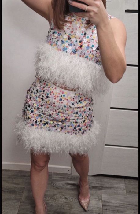 Cekinowa sukienka zestaw set komplet spódnica Top pióra 40 L asos luxe