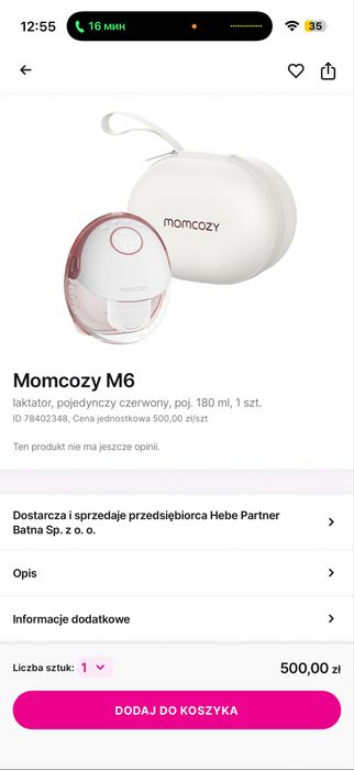 Momcozy M6 laktator, pojedynczy czerwony, poj. 180 ml