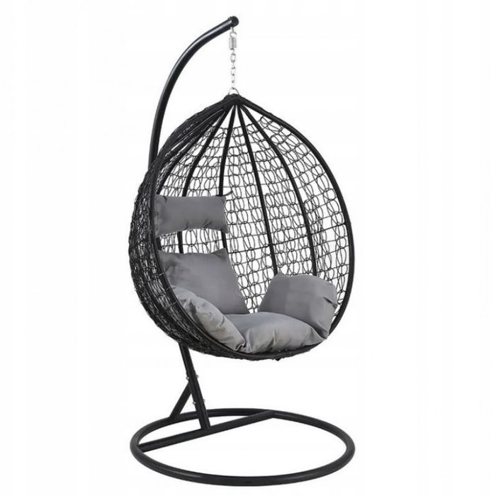 fotel wiszący, huśtawka kokon czarny z grafitowymi poduszkami kr23