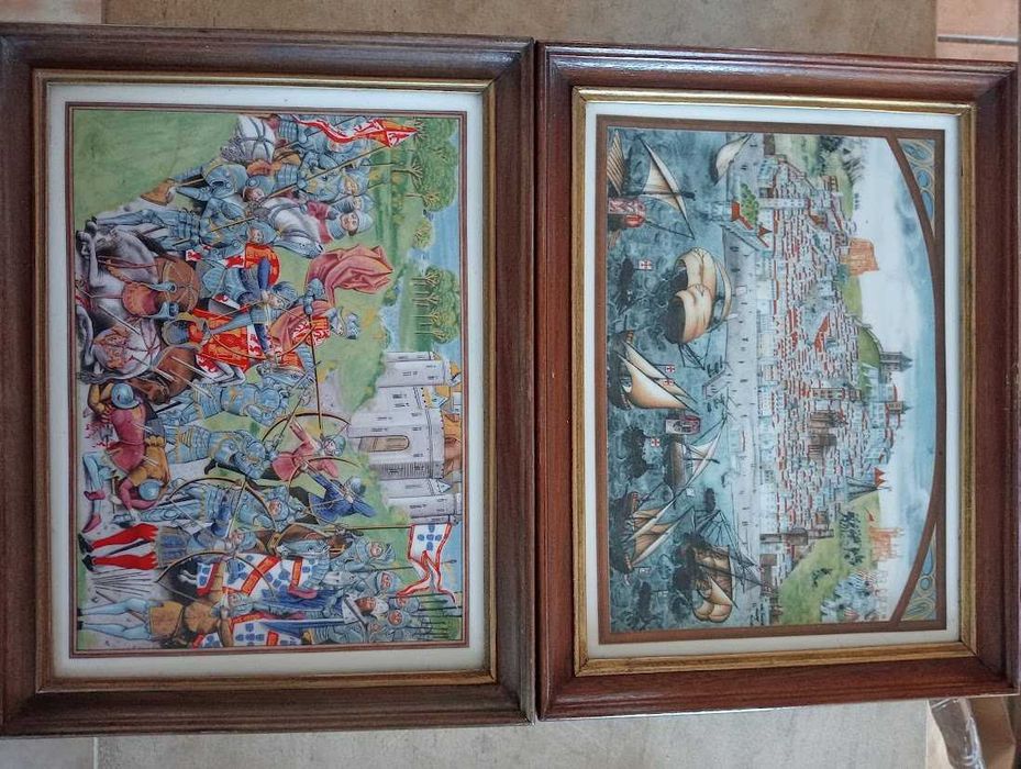 2 placas cerâmica VA, 23x30 cm,vista de Lisboa e Batalha de Aljubarrota,1385/1985